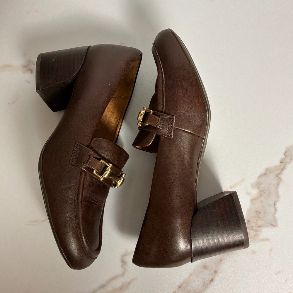 Sofft Heeled Loafers Womens 6M Brown Good Leather Horsebit Block Heel